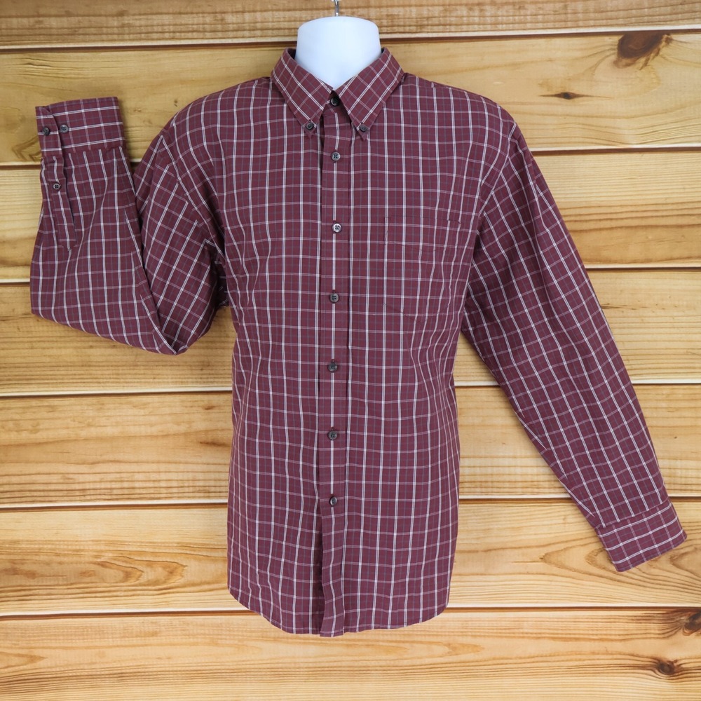 DOCKERS Dress Shirt Button Down Collar Mens Size XL‎ 17/17.5 Maroon White Checks
